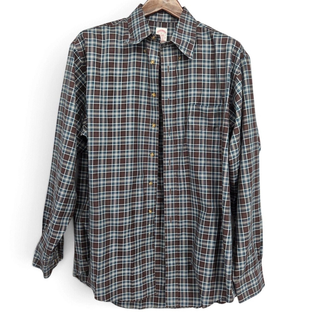 Brooks Brothers L Original Polo Shirt Brown Blue Plaid Supima Cotton Non Iron